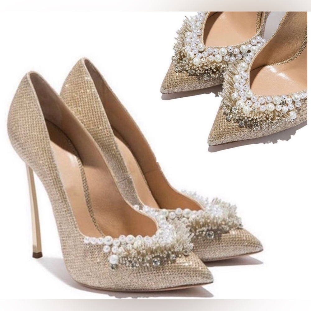 Casadei gold glitter stiletto blade high heel pumps 10 pearl beads rhinestones